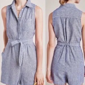 Anthro Linen Blend Sleeveless Romper,blue/white striped,tie front, side pockets